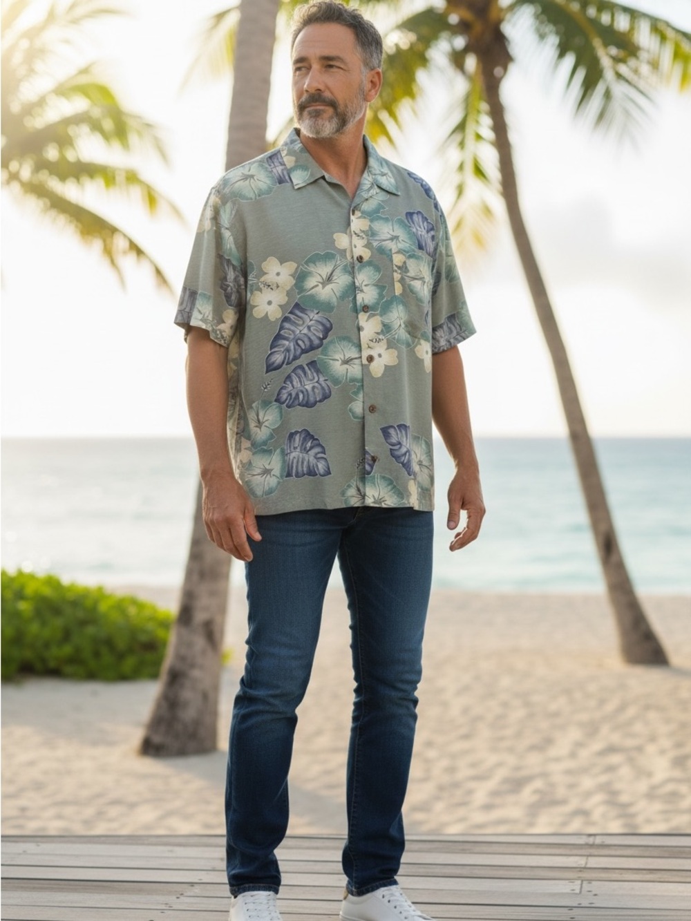 Tommy Bahama Men's Floral Shirt - Blue and Green - Size L